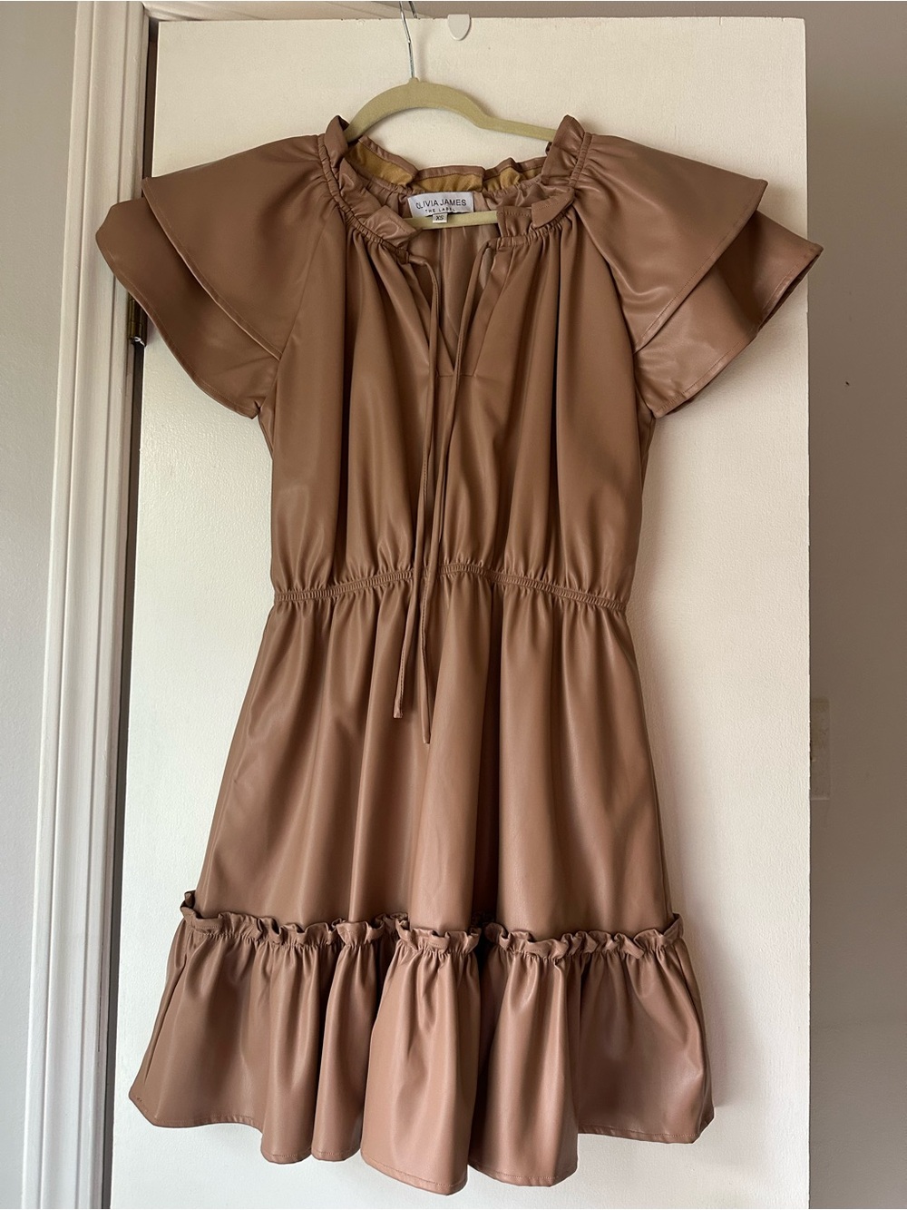 Olivia James Chocolate Brown Faux-Leather Ruffle-Hem Mini Dress